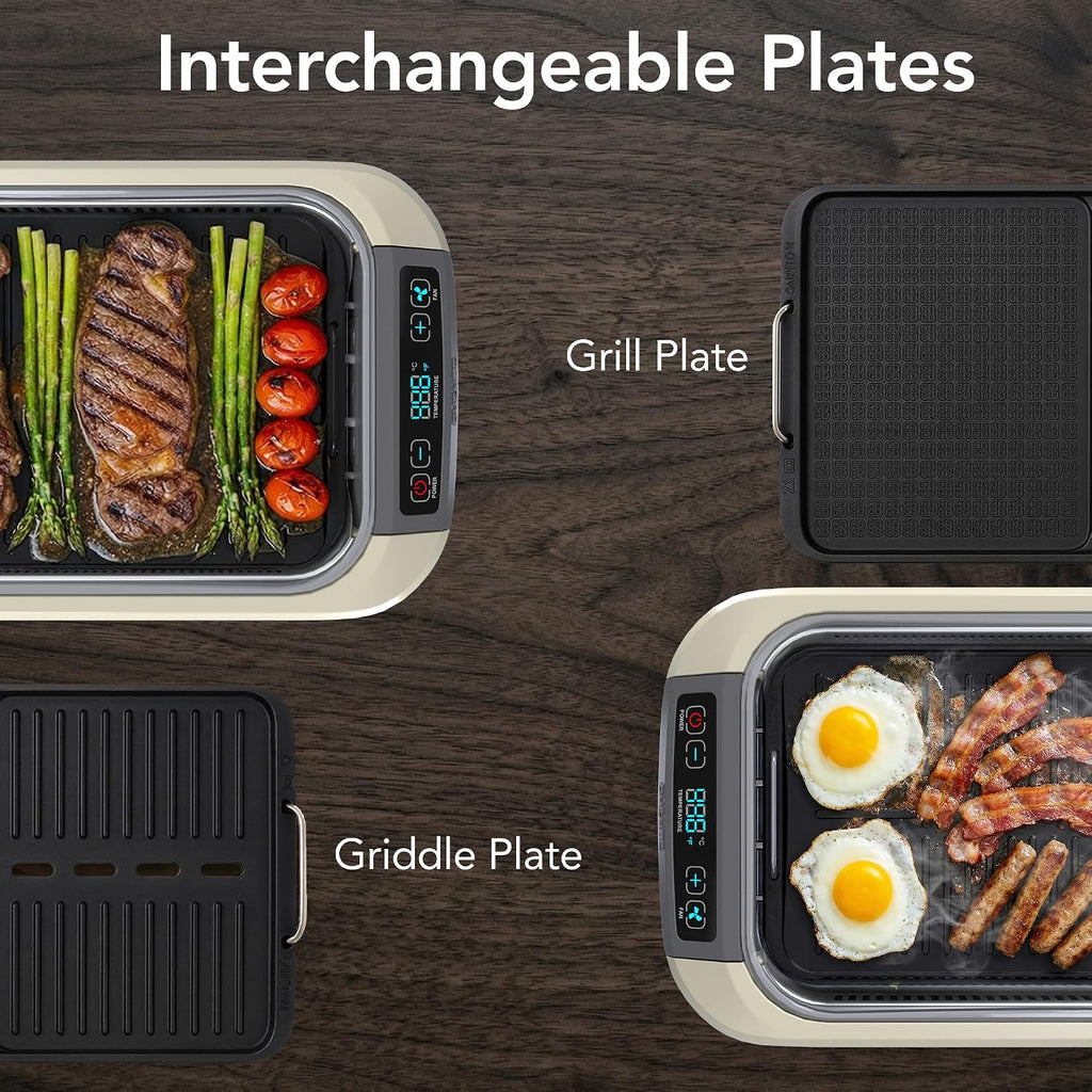 OVENTE Smokeless Indoor Grill, 1500W Electric Portable Korean BBQ Grill with One-Touch Control, LED Smart Display, Tempered Glass Lid, Two Removable Non-Stick and Dishwasher Safe Plates, White SGR85W