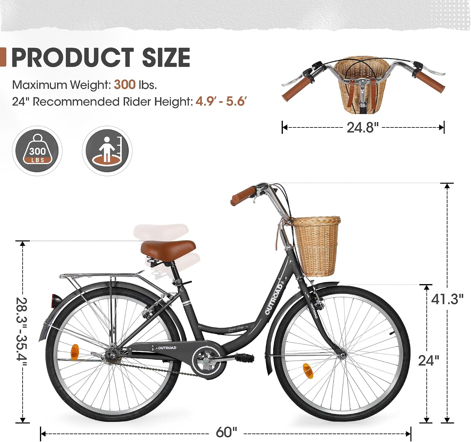 Outroad Beach Cruiser Bike, 24/26 inch Commuter Bicycle for Adult and Women,High-Carbon Steel Comfortable City Bikes with Rear Rack and Basket, (Black/Pink/White/Green/Purple)