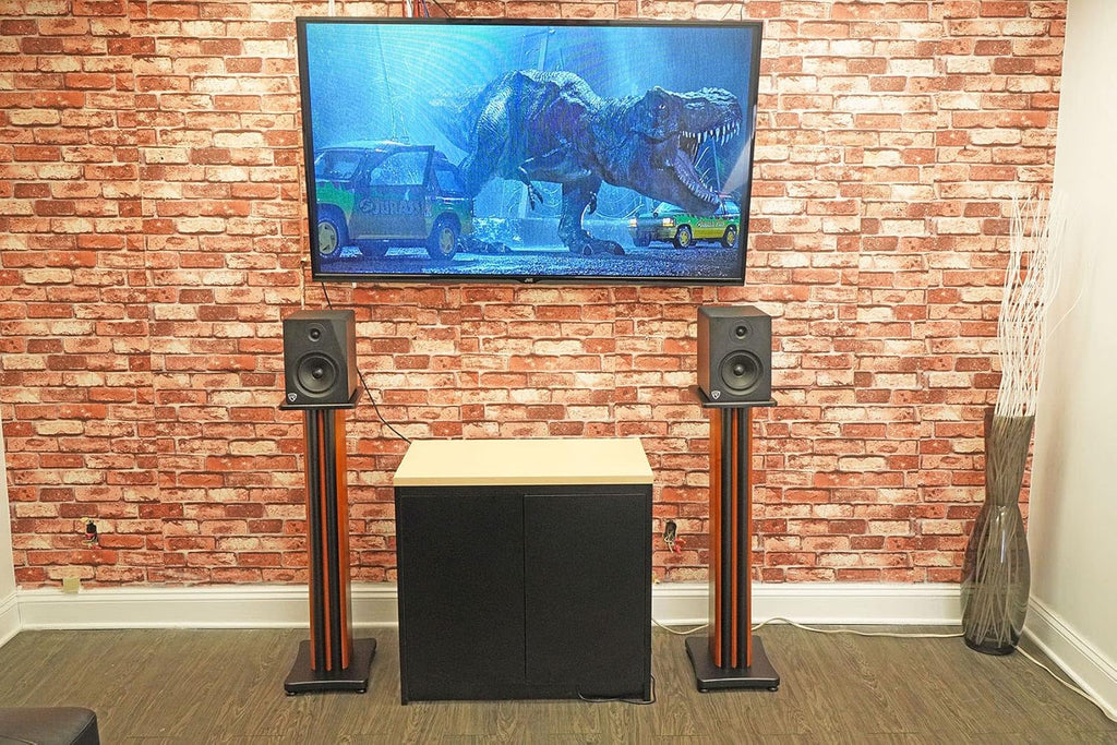 Rockville Pair SS36C 36' Classic Wood-Grain Speaker Stands, Solid MDF, 100 lb Capacity, Dual Top Plates, Isolation Pads, Brass and Rubber Spikes, Cable Management for Home Audio and Studio