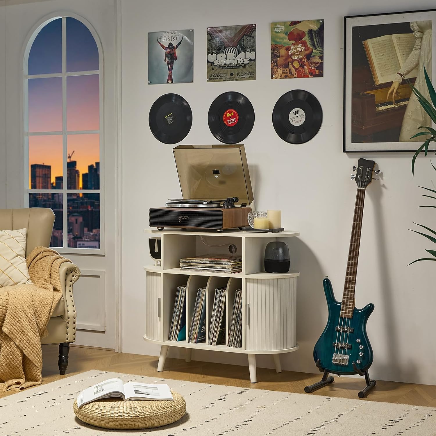 LELELINKY Large Round Record Player Stand with Charging Station & Fluted Display Shelf, White Mid Century Modern Turntable Cabinet with Vinyl Storage, Arched Wood Record Player Table for Living Room