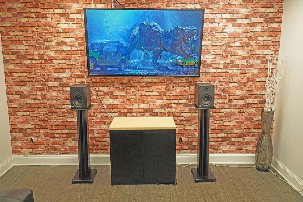 Rockville SS36B Pair Premium 36' Home Speaker Stands, 100Lbs Capacity, Black Wood Grain, Dual Top Platforms, Brass and Rubber Spikes, Isolation Pads, for Bookshelf and Surround Sound Speakers