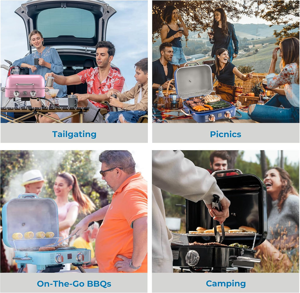 Kenmore Portable Propane Gas Grill - Tabletop BBQ Grill with Warming Rack, 2 Stainless Steel Burners with 14,000 BTUs, for Outdoor Kitchen, Camping, Red