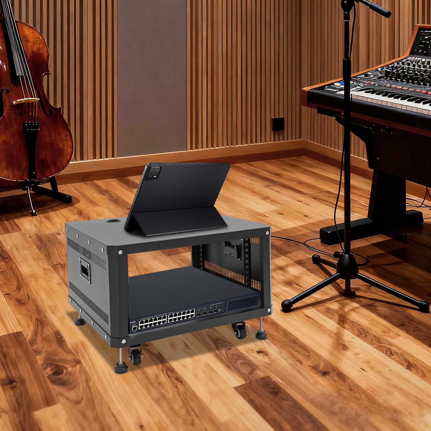 6U AV Rack with Wheels, Metal Studio Cabinet with Cable Ports, 22.4' x 19.8' x 15.1', Portable Home Studio Racks, Floor Standing Server Cabinet for Amplifiers, AV Equipment, Computers