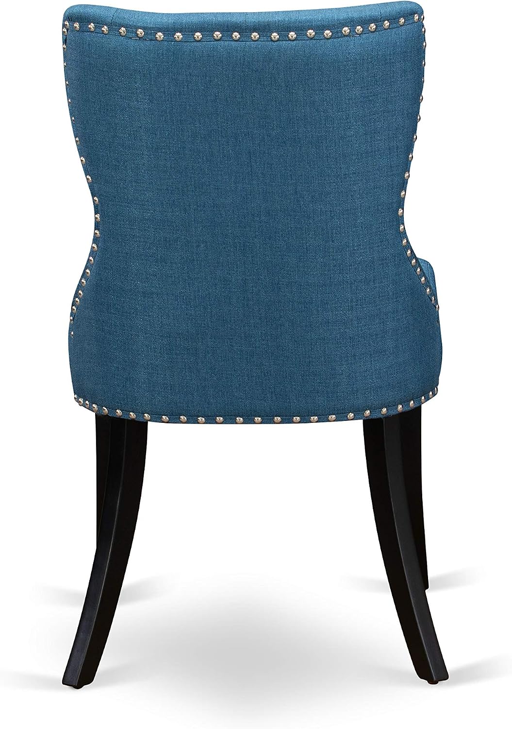 East West Furniture DLSI3-ABK-21 3 Piece Modern Dining Table Set Contains a Round Wooden Table with Dropleaf and 2 Blue Linen Fabric Upholstered Parson Chairs, 42x42 Inch, Wirebrushed Black