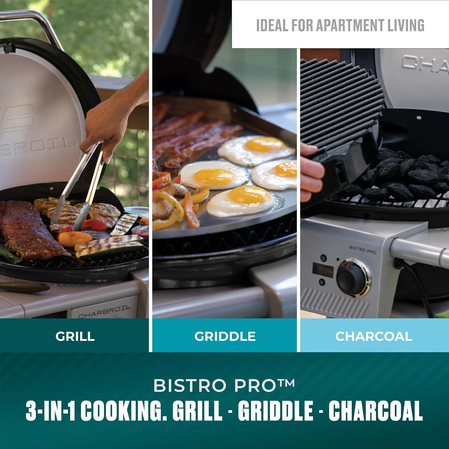 Charbroil 3-in-1 Dual Fuel Outdoor Bistro Pro Electric Grill & Griddle + Charcoal Mode BBQ, Black - 25302145