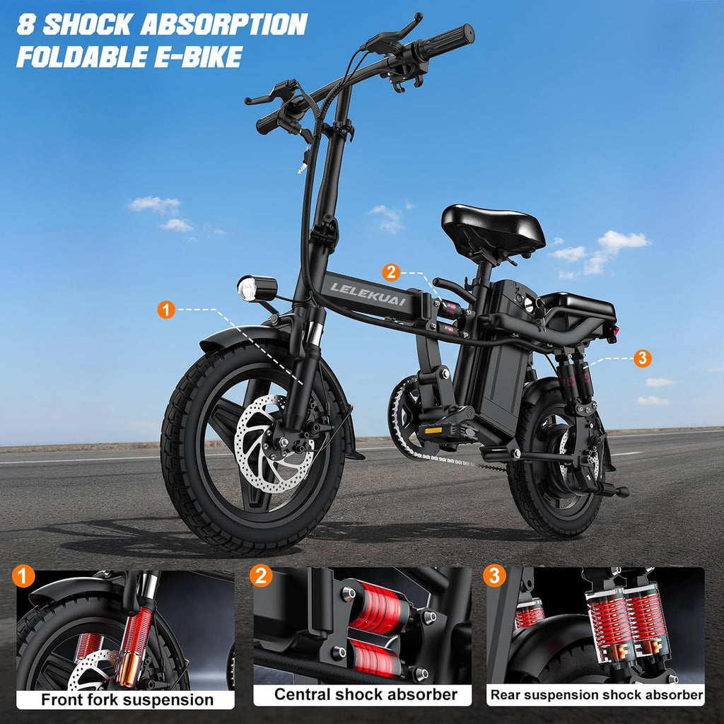 LELEKUAI Electric Bike for Adults and Teens, 520W-560W Motor, 20-24MPH, 32 Miles Range, 48V 10Ah Battery, 3-Level Pedal Assist, 14' Foldable Mini Electric Bicycle, UL 2849 Certified