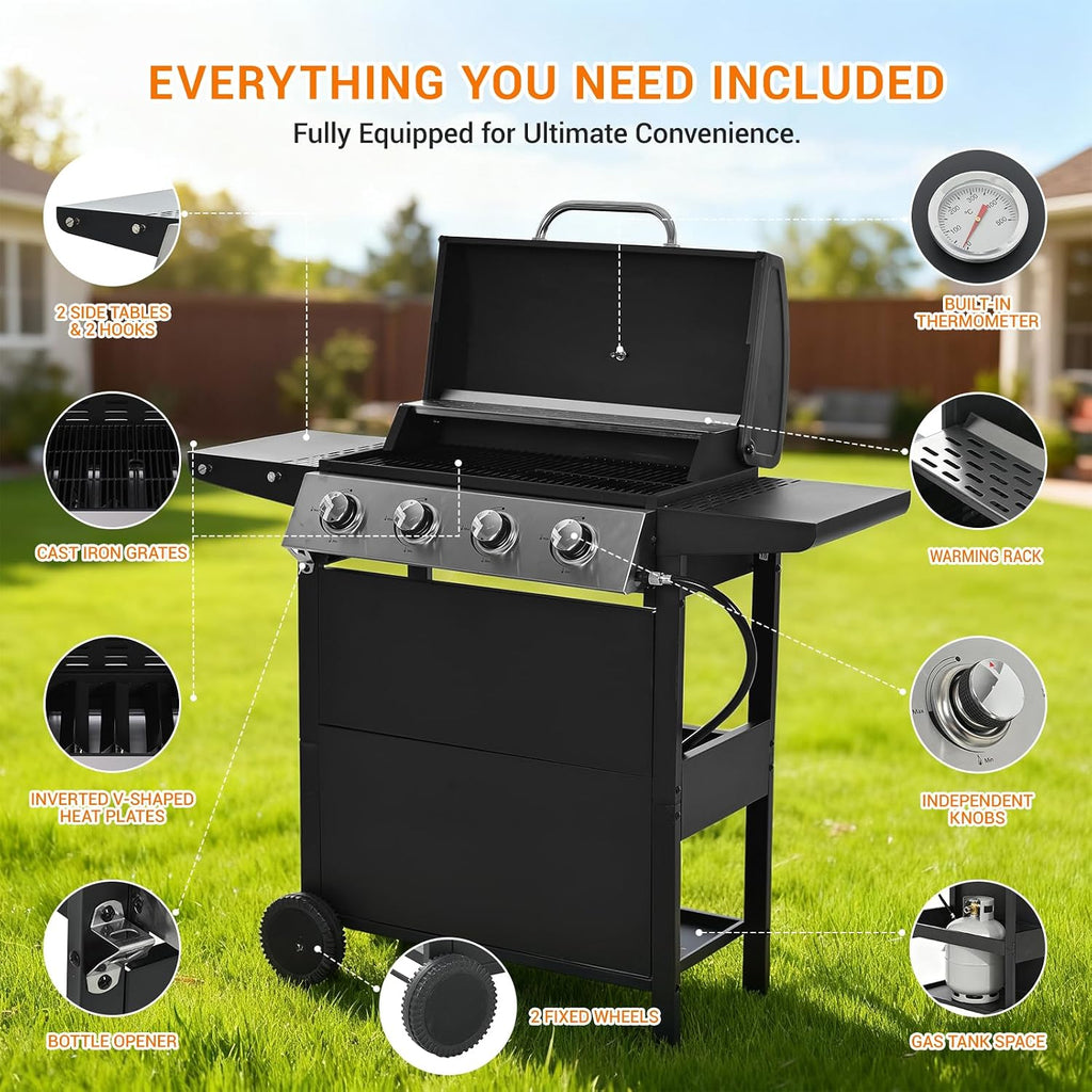 EUHOME 4-Burner Stainless Steel Gas Grill | 34,000 BTU Total Output & 421 sq.in Cooking Area | Powerful Even-Heat System for Large Family BBQs & Backyard Parties