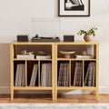 Farmhouse Record Player Stand Set of 2, Vinyl Record Storage Cabinet with Open Shelf, Wood Cube Storage Organizer for Living Room, Office, Natural Oak