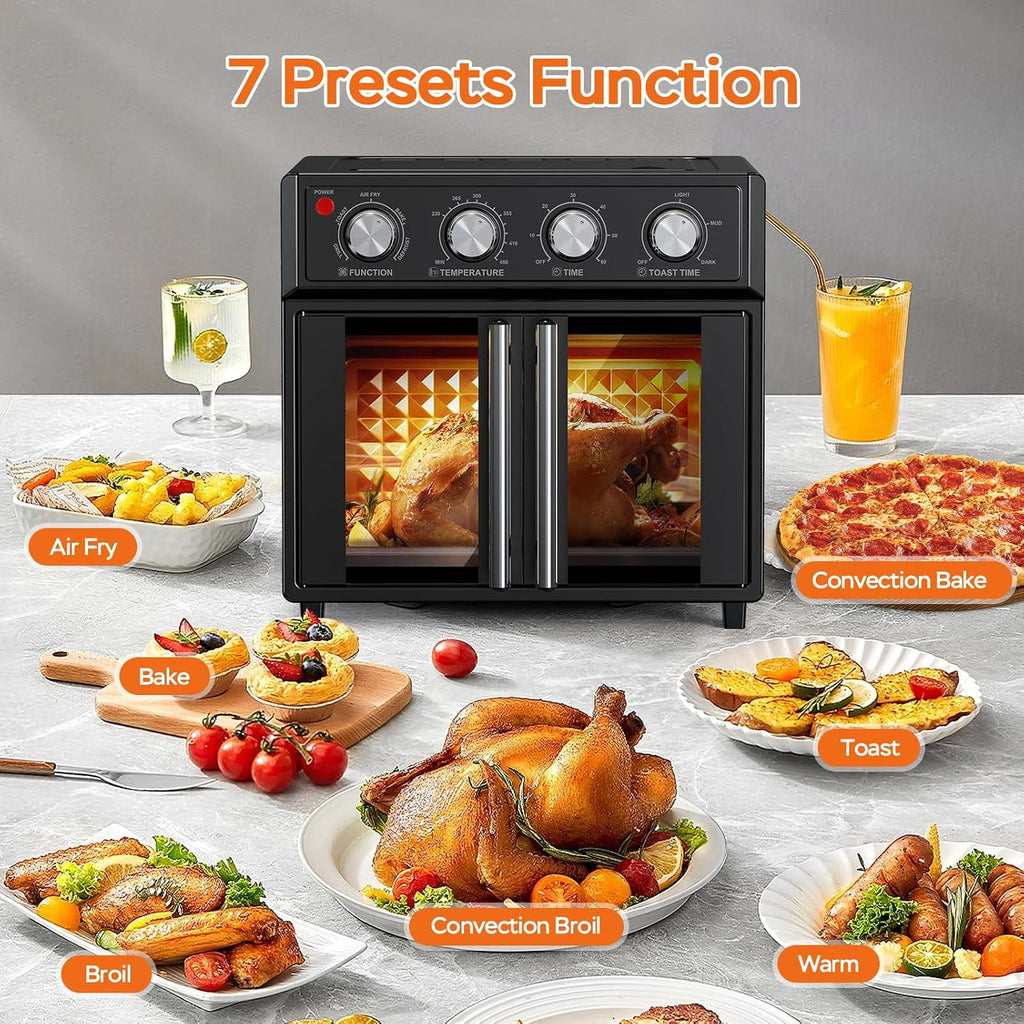 26QT Air Fryer Toaster Oven Combo - French Doors & 7 Preset Menus, 1700W Stainless Steel Convection Countertop Oven for Bake, Roast, Grill, Toast, Dehydrate, Defrost, Easy to Clean (Black)