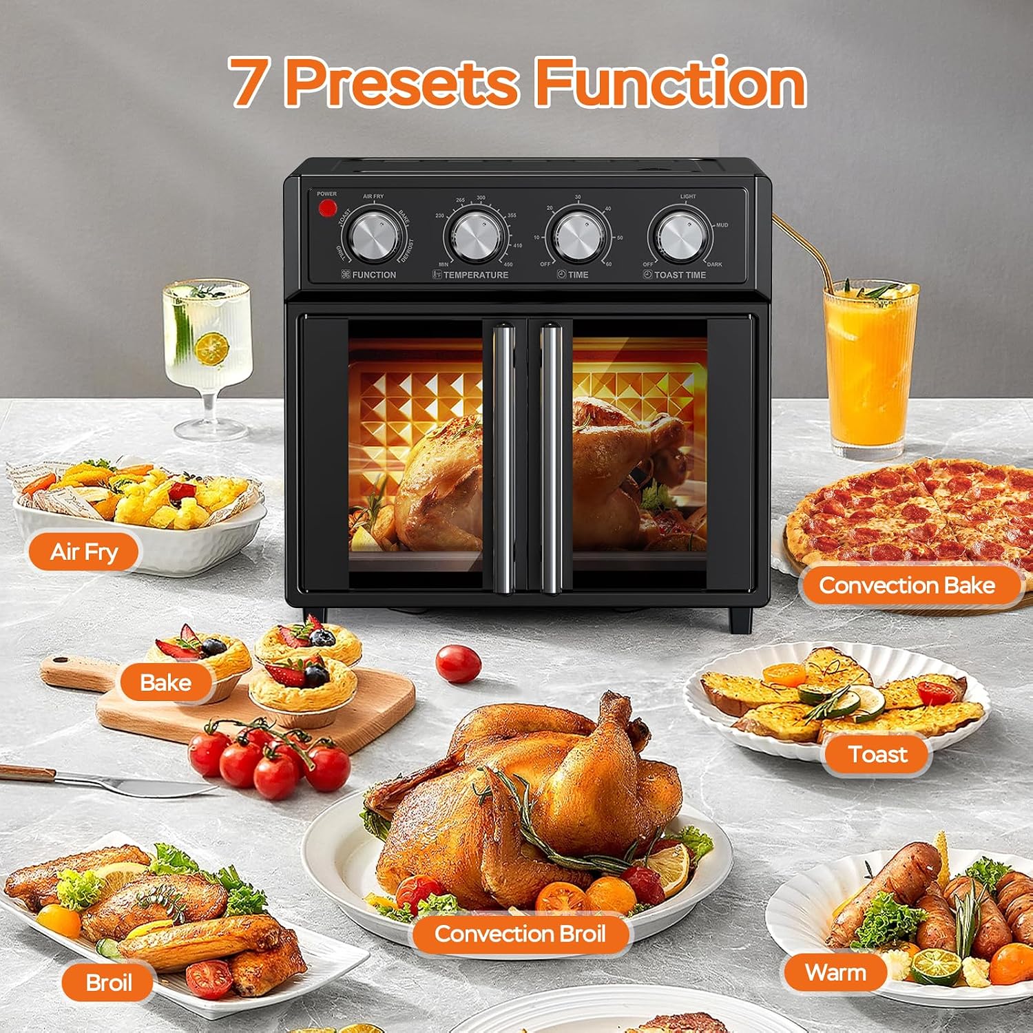 26QT Air Fryer Toaster Oven Combo - French Doors & 7 Preset Menus, 1700W Stainless Steel Convection Countertop Oven for Bake, Roast, Grill, Toast, Dehydrate, Defrost, Easy to Clean (Black)