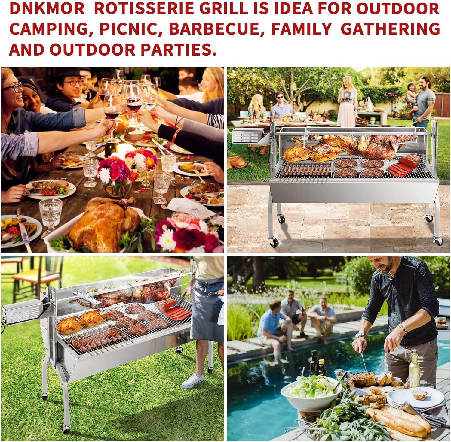 Rotisserie Grill Stainless Steel Charcoal Spit Roaster, 50' Pig Lamb Hooded Roaster Charcoal Spit with 30W Motor & Adjustable Height Lockable Casters for Outdoor Camping Party, Rated 150 LB