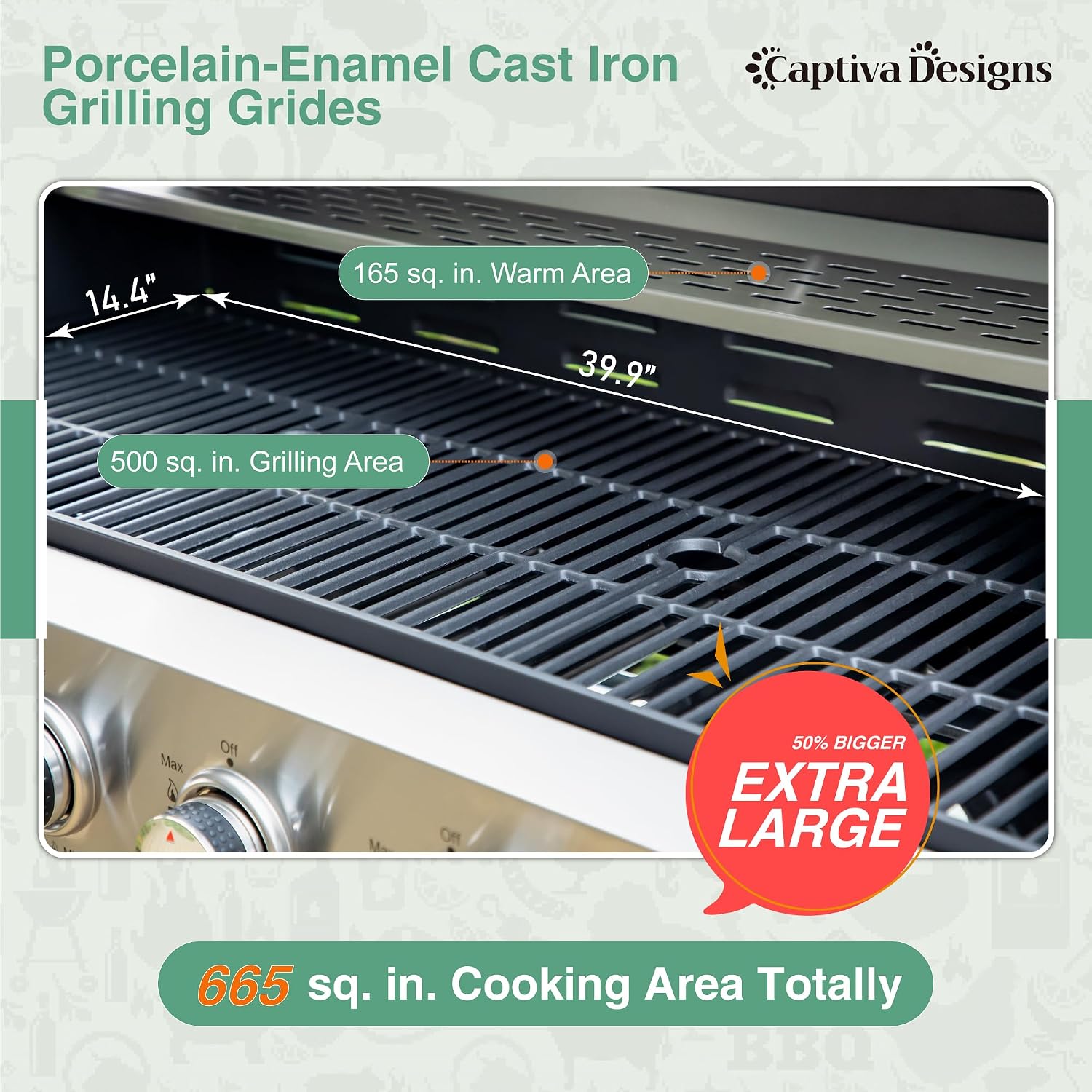Captiva Designs 6-Burner Propane Gas BBQ Grill with Side Burner & Porcelain-Enameled Cast Iron Grate for Outdoor Kitchen & Backyard Barbecue, 65,800 BTU Output,665 SQ.IN. Cooking Area,Stainless Steel