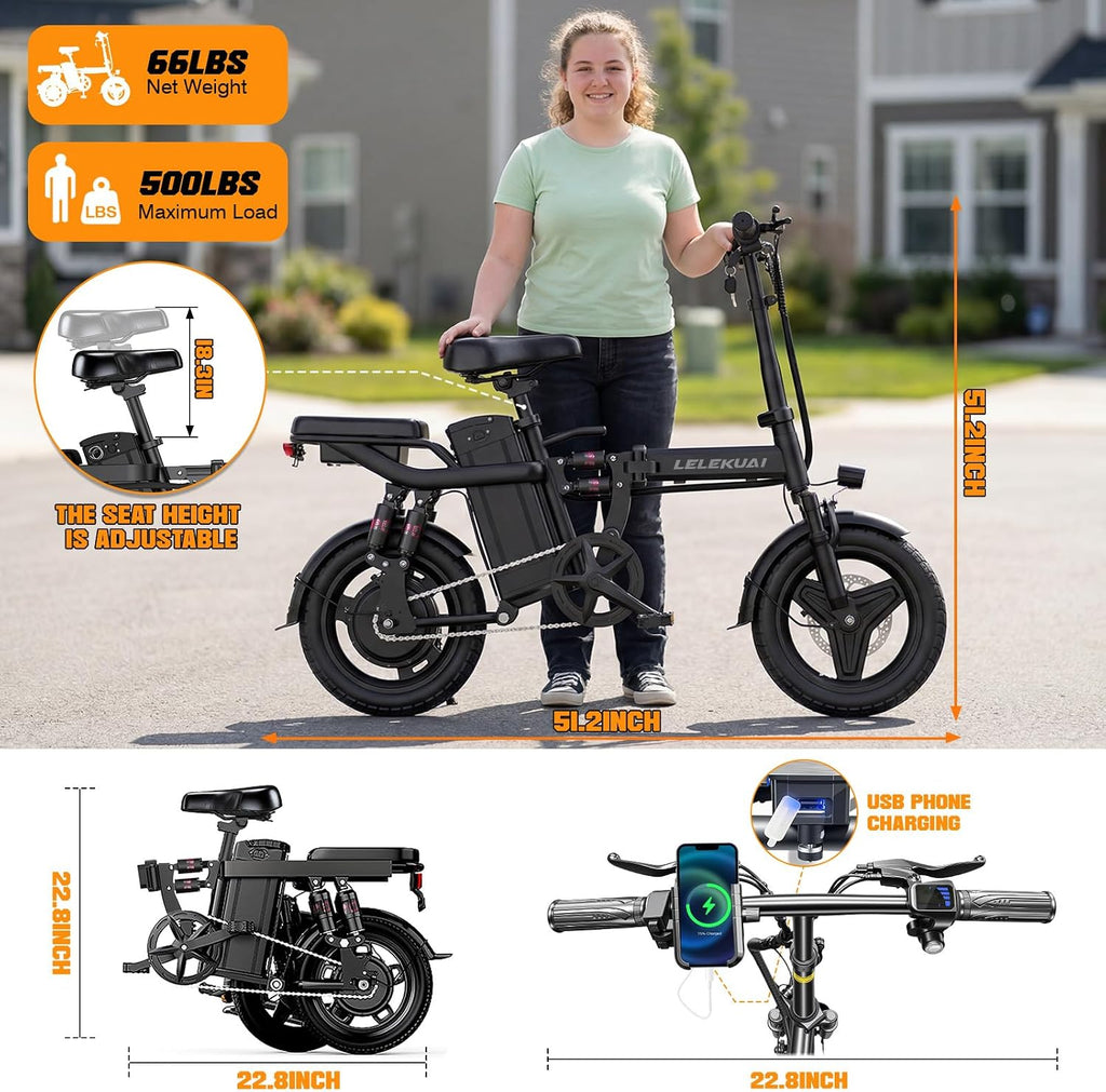 LELEKUAI Electric Bike for Adults and Teens, 520W-560W Motor, 20-24MPH, 32 Miles Range, 48V 10Ah Battery, 3-Level Pedal Assist, 14' Foldable Mini Electric Bicycle, UL 2849 Certified