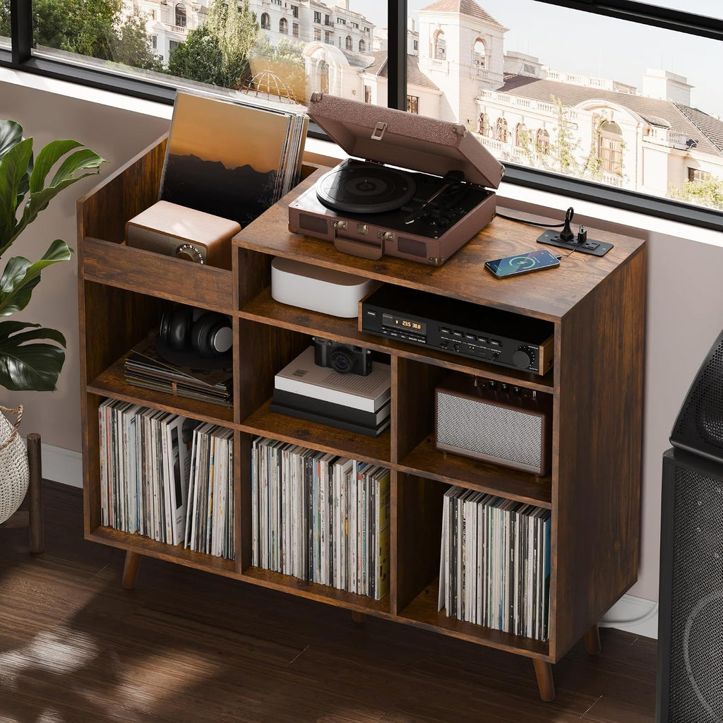 Cozy Castle Large Record Player Stand with Vinyl Storage Cabinet, Wood Turntable Table Open Shelf Holder Up to 500 Albums Cube Storage Organizer for Living Room, Office, Rustic Brown