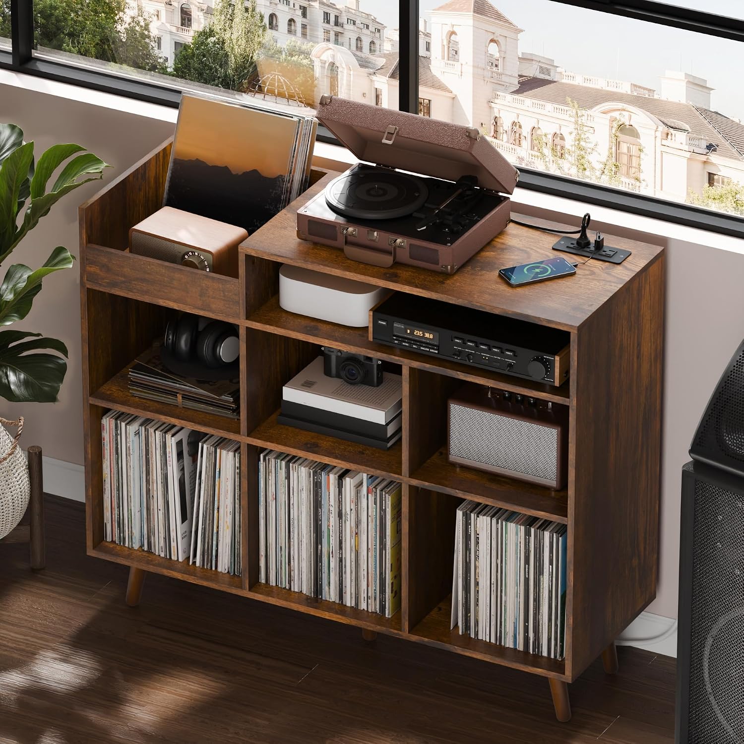 Cozy Castle Large Record Player Stand with Vinyl Storage Cabinet, Wood Turntable Table Open Shelf Holder Up to 500 Albums Cube Storage Organizer for Living Room, Office, Rustic Brown
