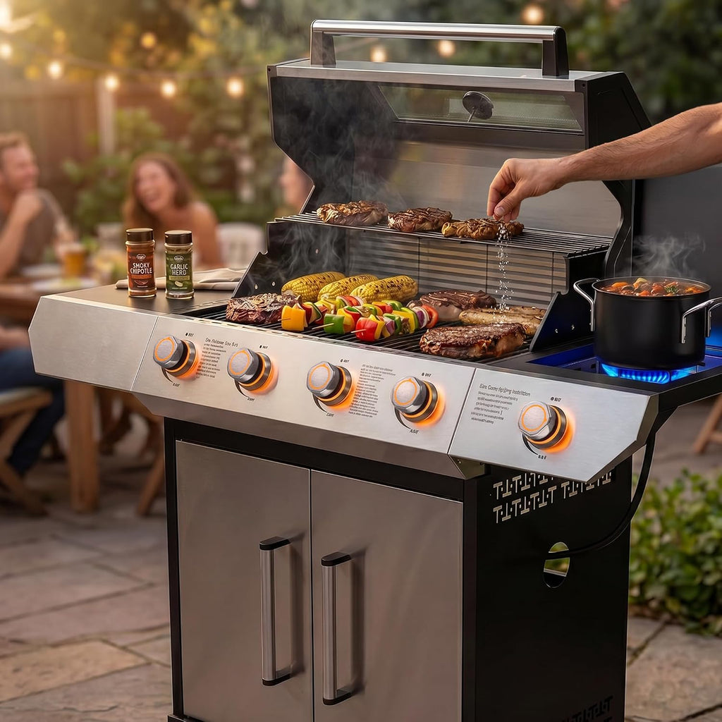 SKOK Led 4-Burner Gas BBQ Grill with Side Burner Led Knob, Barbecue Grill with Porcelain-Enameled Cast Iron Grates, 60,000 BTU Stainless Steel Propane Grill 629 Sq. In. Grilling Area