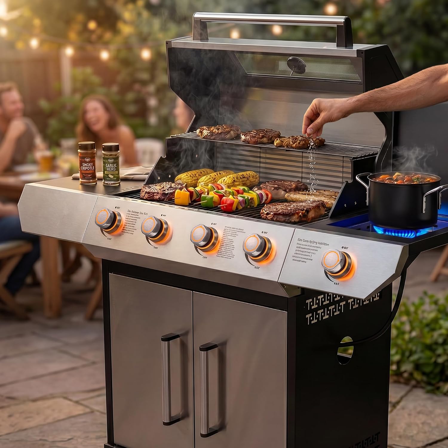 SKOK Led 4-Burner Gas BBQ Grill with Side Burner Led Knob, Barbecue Grill with Porcelain-Enameled Cast Iron Grates, 60,000 BTU Stainless Steel Propane Grill 629 Sq. In. Grilling Area