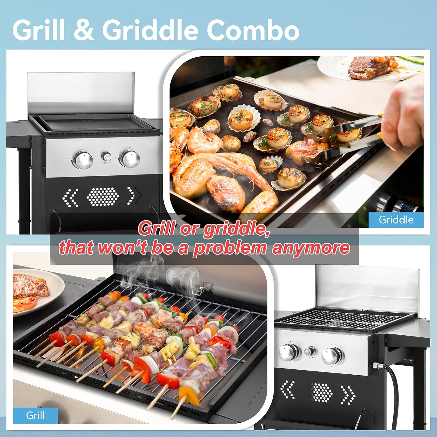GREEN PARTY 2 Burner Griddle Grill Combo, 2 in 1 Propane Gas BBQ Grill w/Cast Iron Plate, 20,000 BTU Output Small Flat Top Propane Barbecue Grill for Camping, Patio, Backyard, Balcony