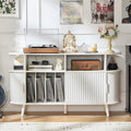 LELELINKY Extra Large Round Record Player Stand with Charging Station & Fluted Panel, Mid Century Modern Turntable Cabinet with Vinyl Storage, Arched Wood Record Player Table for Living Room,White