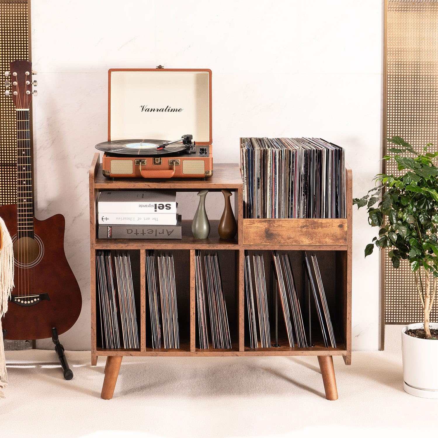 Record Player Stand, Large Record Player Table Cabinet with Open Vinyl Storage and Display Shelf Holds up to 250 Albums, Mid Century Wood Turntable for Living Room, Bedroom (Brown)