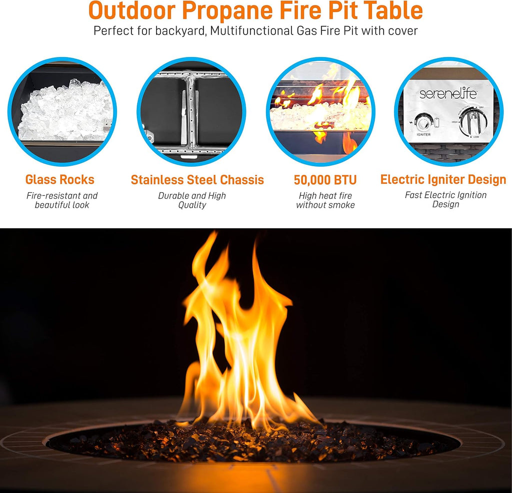 Outdoor Propane Fire Pit Table - CSA Approved Safe 50,000BTU Auto-Ignition Propane Gas Fire Table - Rattan Panel, Glass Wind Guard, Black Tempered Glass Tabletop, Clear Glass Rock - SereneLife SLFPTL