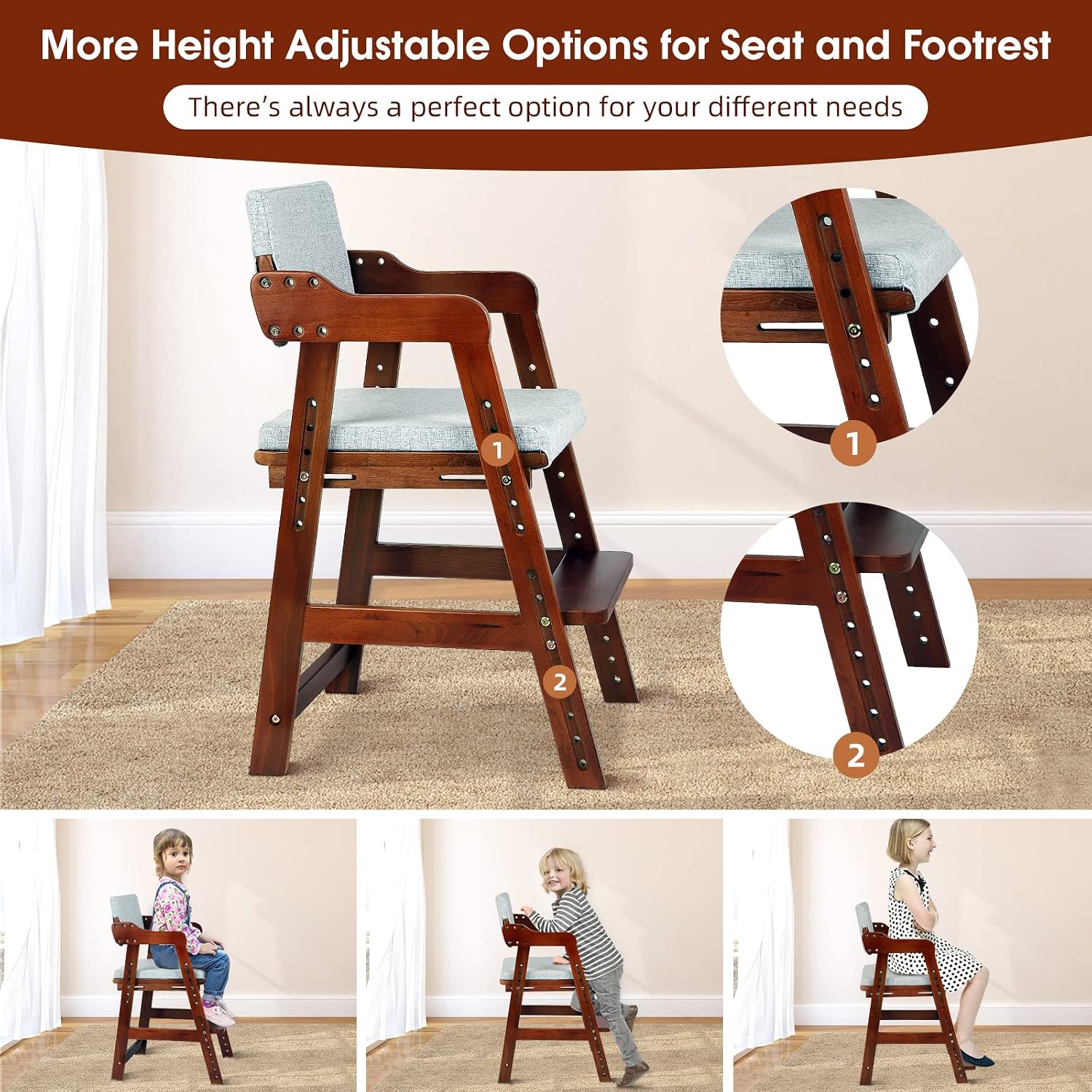 Ezebaby Wooden High Chair for Toddlers to Teens Adjustable Kids Learning Chair with Steps, Child Seats with Removable Cushions (Nut-Brown)
