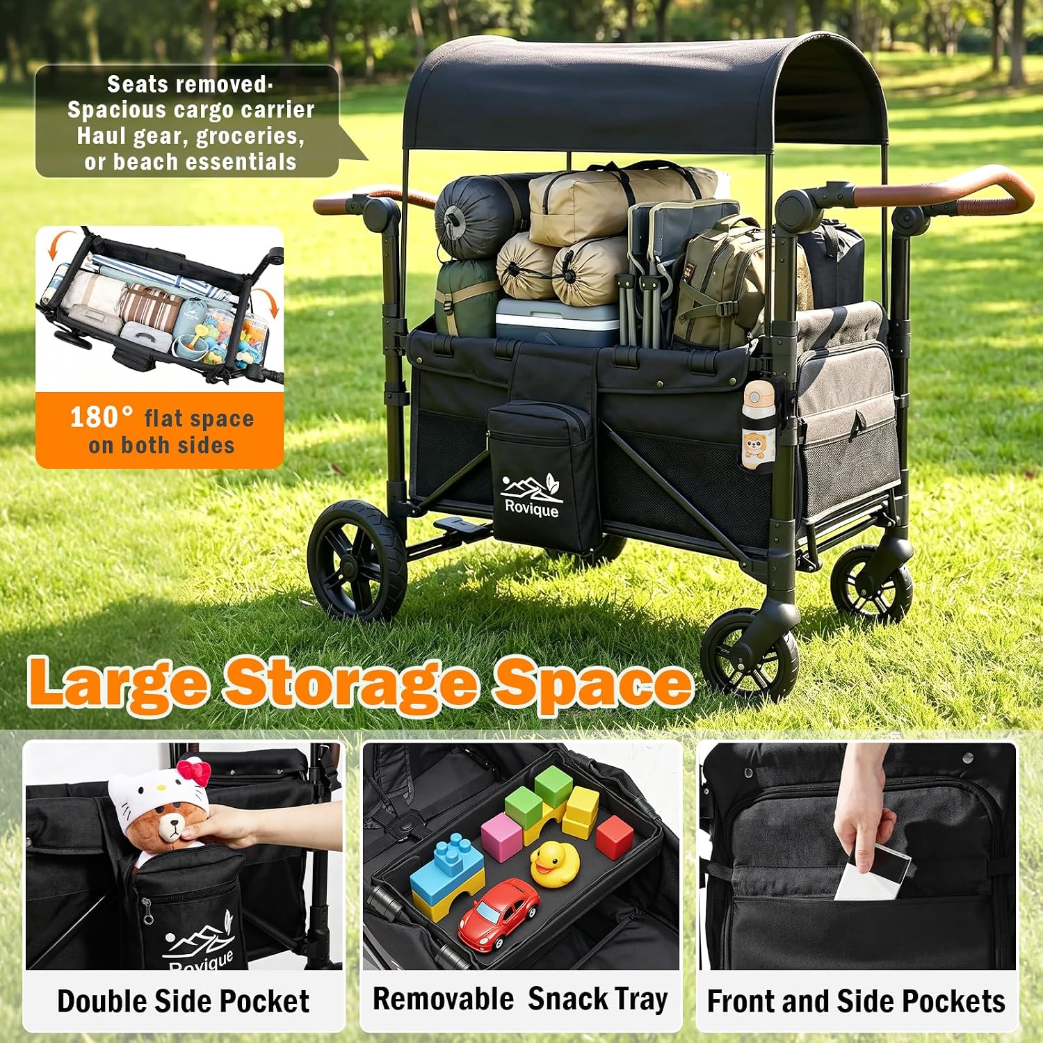 Wagon Stroller for 2 Kids, All-Terrain Stroller Wagon with Extra Long Extender, Aluminum Foldable Baby Wagon with Convertible Seats, Removable Canopy, Snack Tray, Adjustable Push/Pull Handle