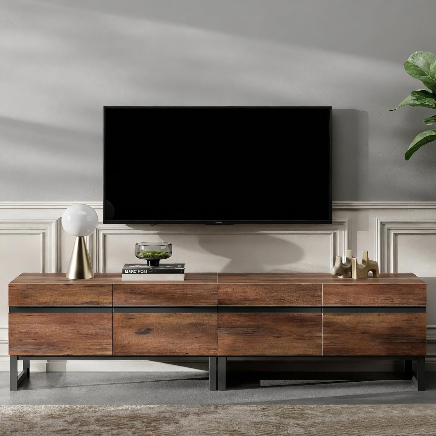 WAMPAT Modern TV Stand for 50-75 Inch TVs, Wood Entertainment Center with Metal Base Storage Cabinets, Media TV Console for Living Room, Brown, 2Pcs
