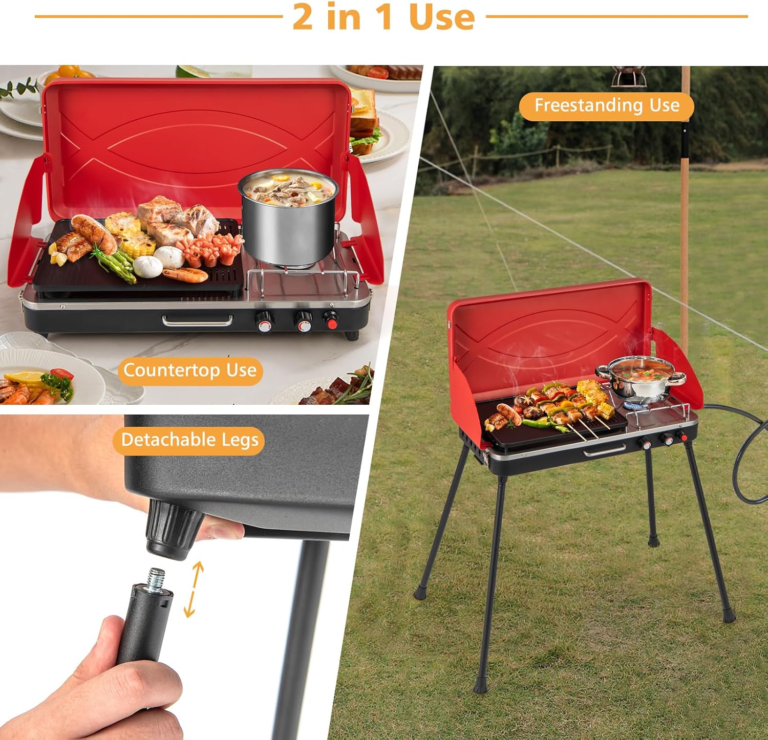 Giantex Portable Propane Grill & Camping Stove, 20,000 BTU Gas Camping Grill Burner, Independent Temperature Control, 3-Sided Wind Guard, Detachable Legs, for BBQ, Tailgating, Outdoor Cooking (Red)