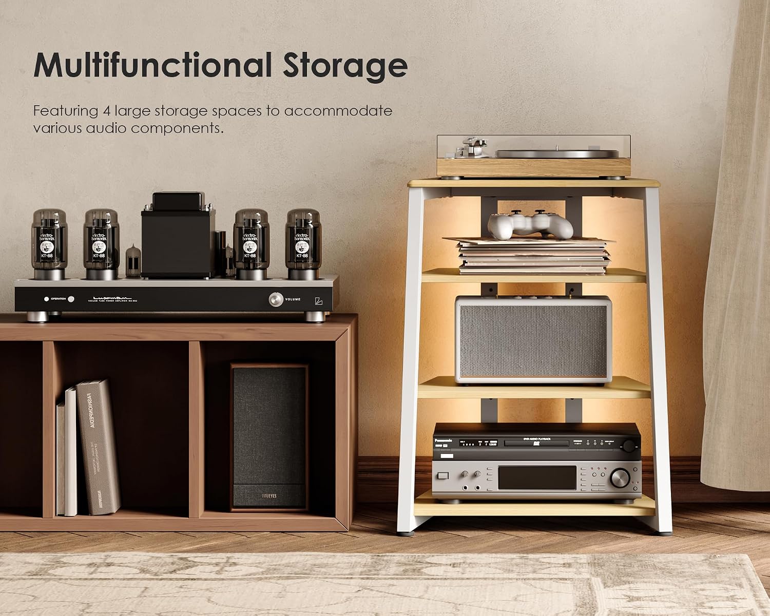 FITUEYES Design Stereo Cabinet 4-Tier Media Cabinet with LED Backlight Integrated Power Wooden Media Stand with Adjustable Shelves for Turntables Record Player Stereo Receiver CD Players AMP