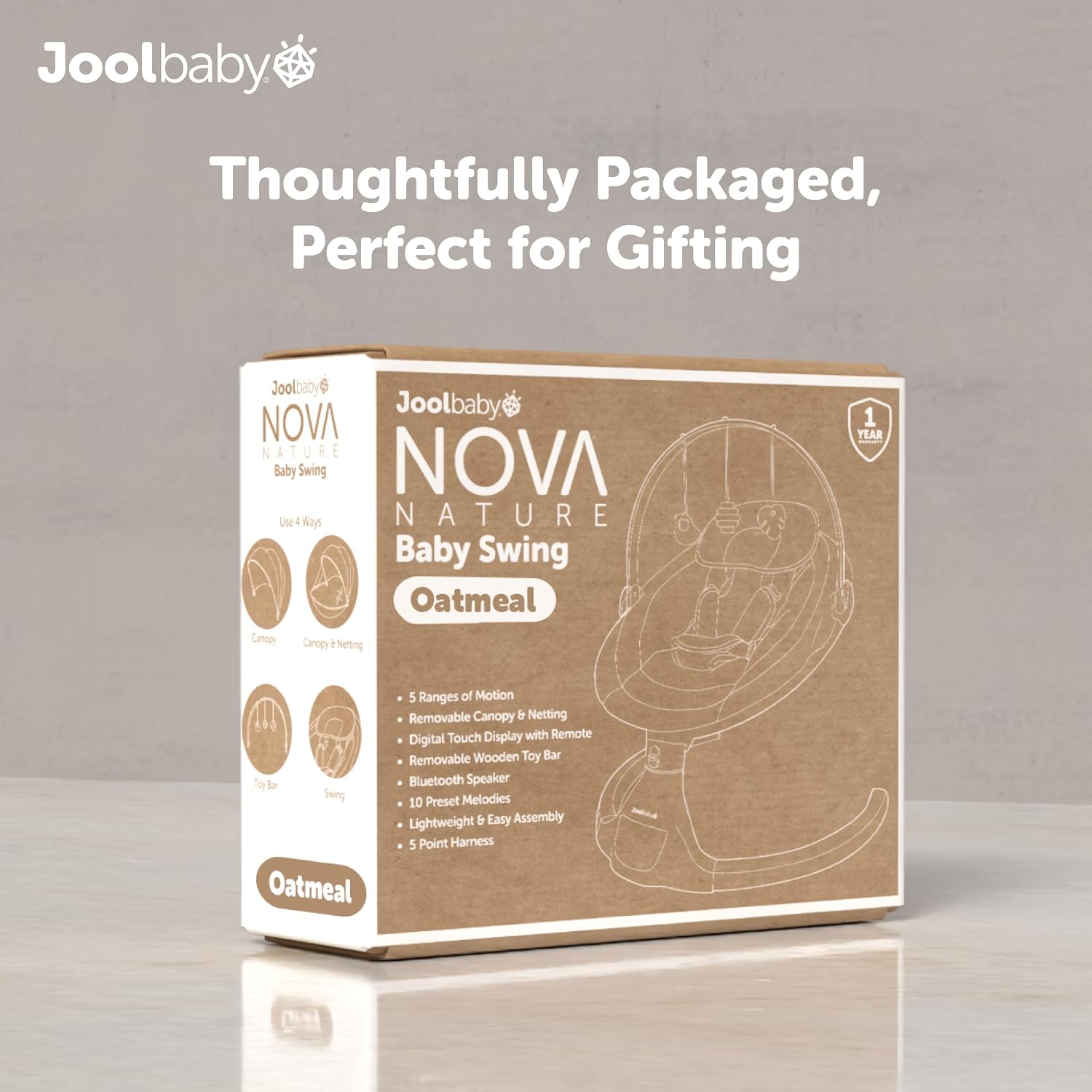 Jool Baby Nova Nature Baby Swing for Newborns with Natural Wood Toys, Electric Motorized Infant Swing, Bluetooth Music, Remote (Oatmeal)