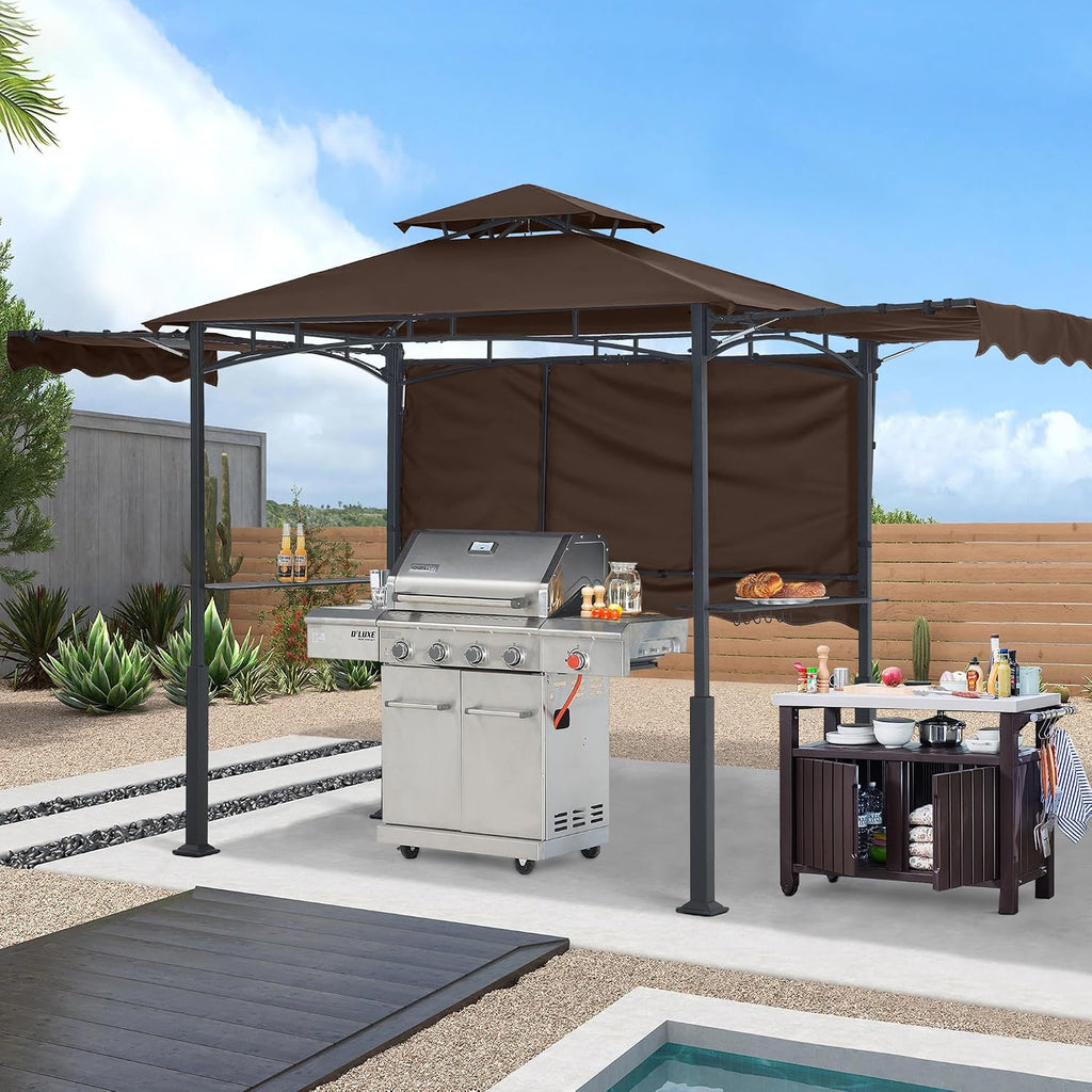 ABCCANOPY Grill Gazebo with Extra Awning on Three Sides - 5'x14' Outdoor Grill Canopy BBQ Gazebo Barbecue Canopy with LED Lights for Backyard, Lawn and Patio (Brown)
