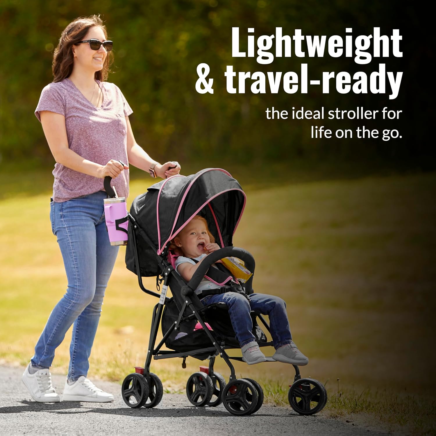 Dream On Me Vista Moonwalk Baby Stroller, Lightweight Travel Umbrella Stroller with Compact Fold, Smooth Ride Wheels, Multi-Position Recline, Spacious Storage Basket with Cup Holder, Pink