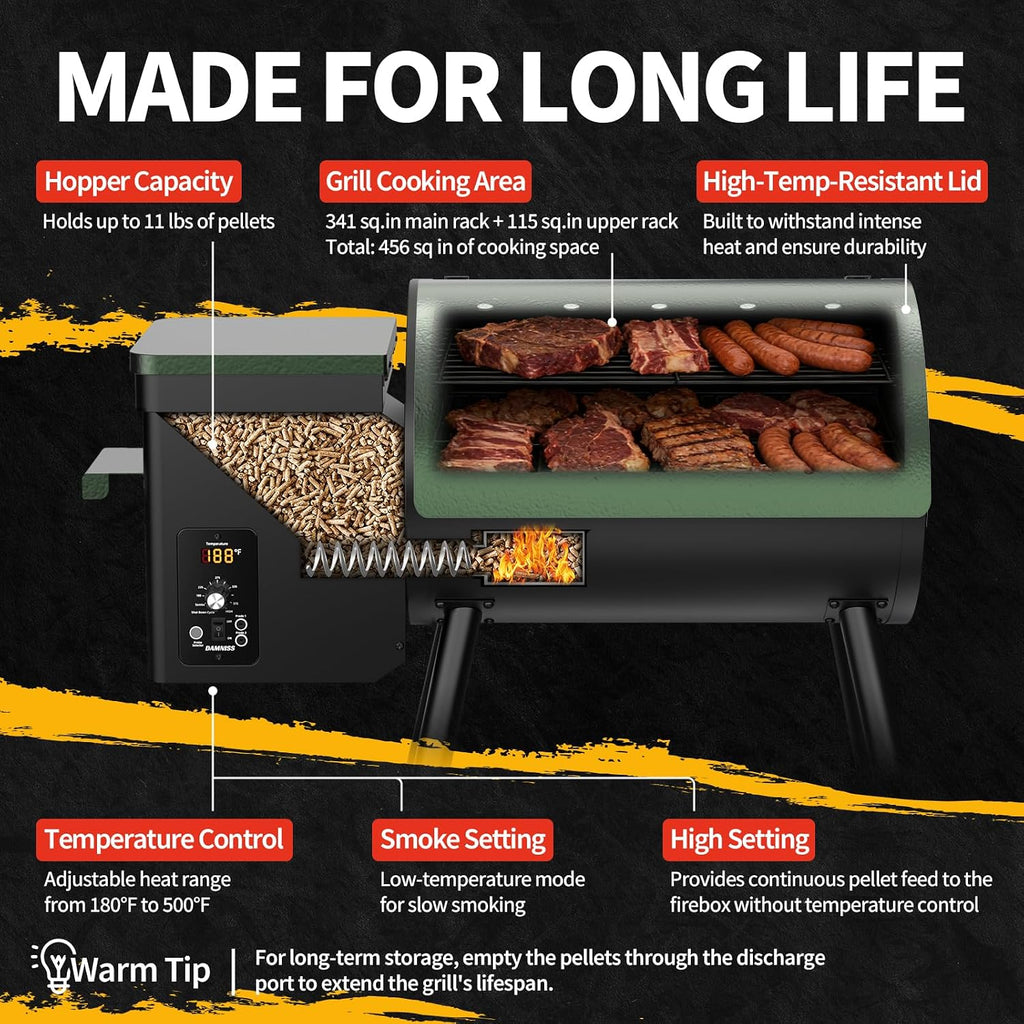 DAMNISS Pellet Smoker Grill Combo, 456 SQ.IN Cooking Area with PID Temperature Control (180-450°F) Electric BBQ Meat Grills & Smokers, Patio Backyard for Roast Outdoor