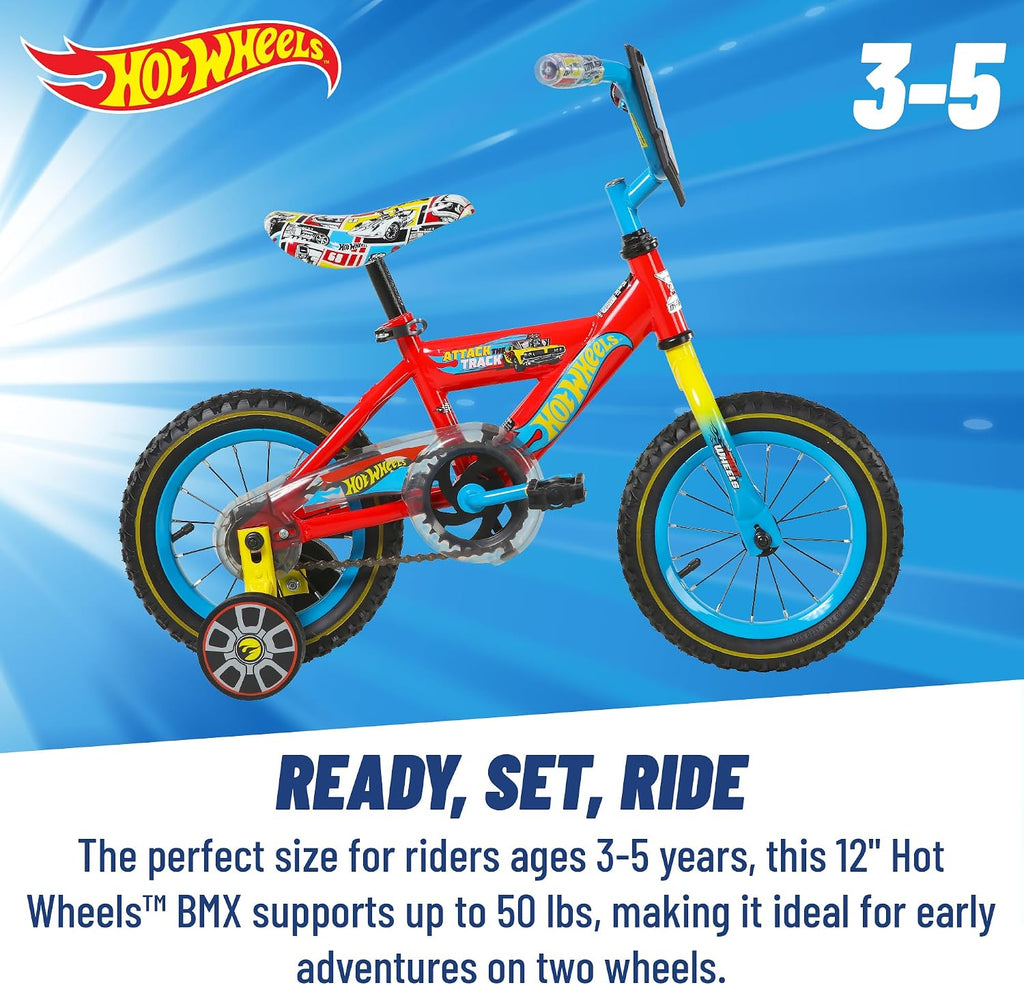 Dynacraft Hot Wheels Boys BMX Bikes Sizes 12' - 18' for Ages 3-9 Years in red, Black, with Handlebar rev Grip Play Feature