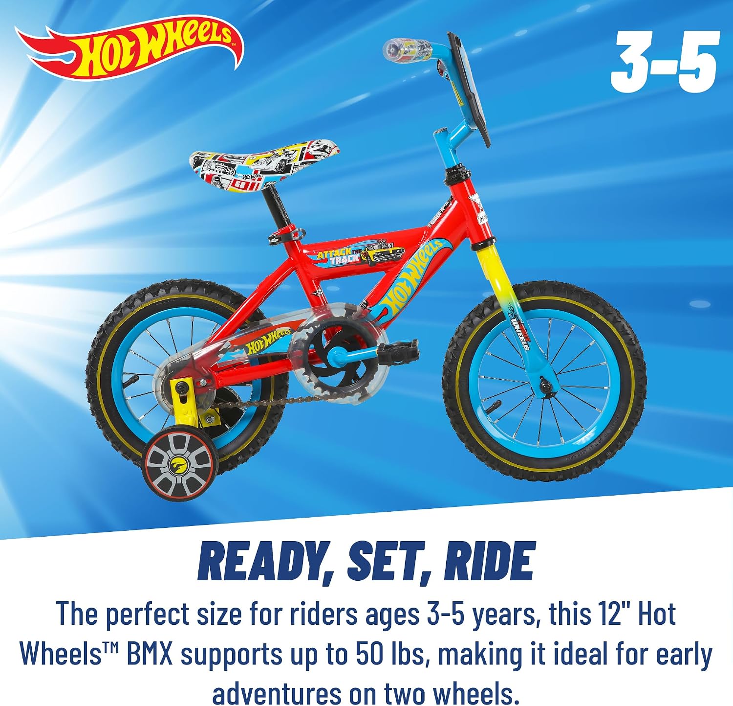 Dynacraft Hot Wheels Boys BMX Bikes Sizes 12' - 18' for Ages 3-9 Years in red, Black, with Handlebar rev Grip Play Feature