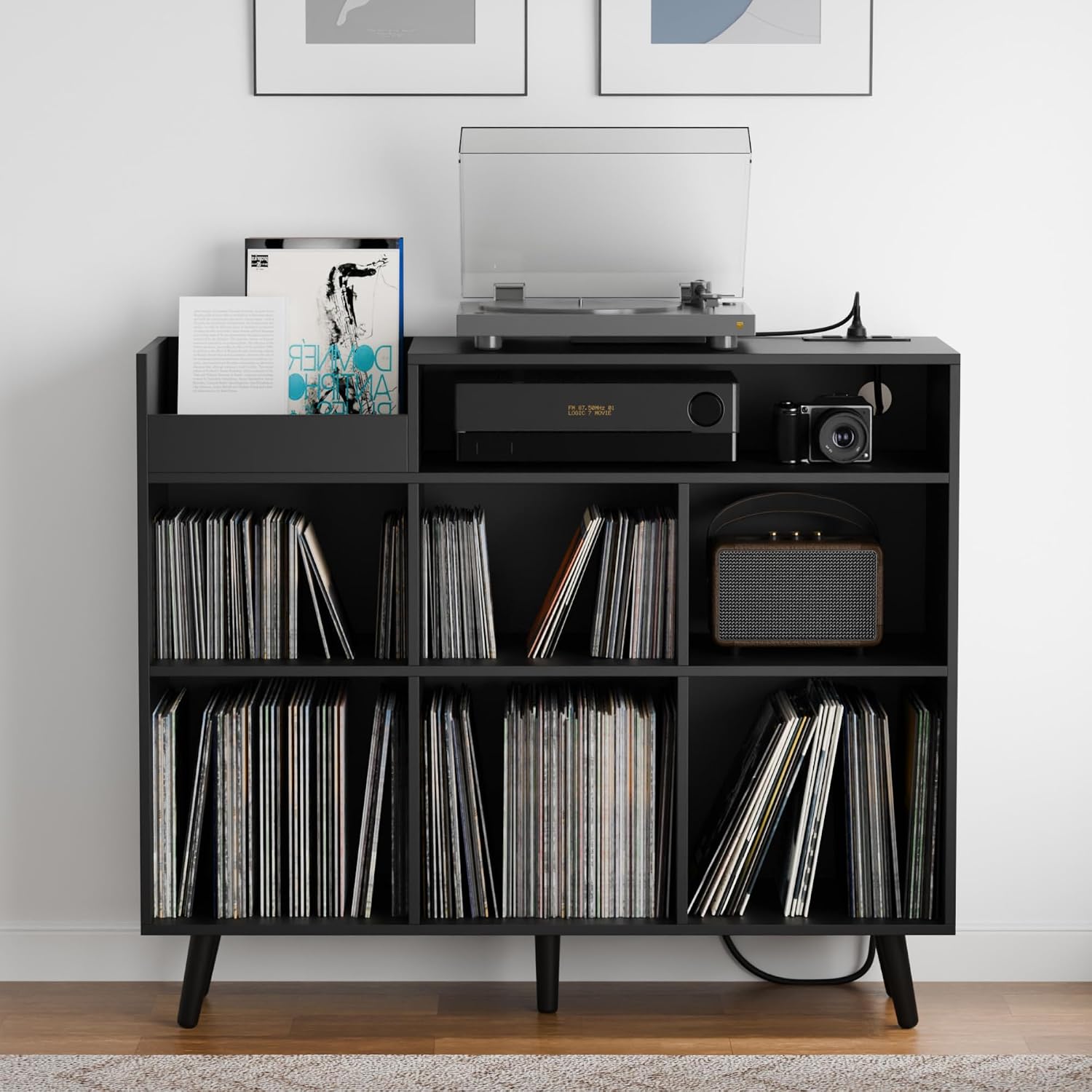 Cozy Castle Large Record Player Stand with Vinyl Storage Cabinet, Wood Turntable Table Open Shelf Holder Up to 500 Albums Cube Storage Organizer for Living Room, Office, Black