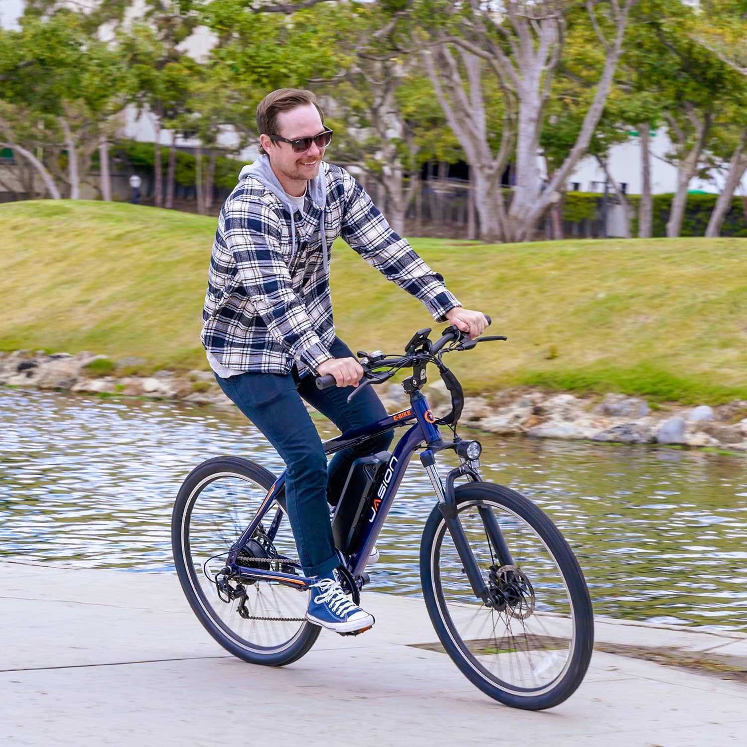 Jasion EB5 Electric Bike for Adults with Peak 1000W Brushless Motor, 40Miles 20MPH Commuting Electric Mountain Bike with 500Wh Removable Battery, 7-Speed, 26' Tires and Front Fork Suspension