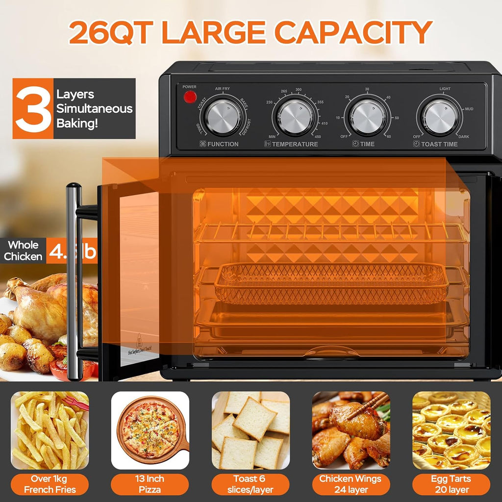 26QT Air Fryer Toaster Oven Combo - French Doors & 7 Preset Menus, 1700W Stainless Steel Convection Countertop Oven for Bake, Roast, Grill, Toast, Dehydrate, Defrost, Easy to Clean (Black)