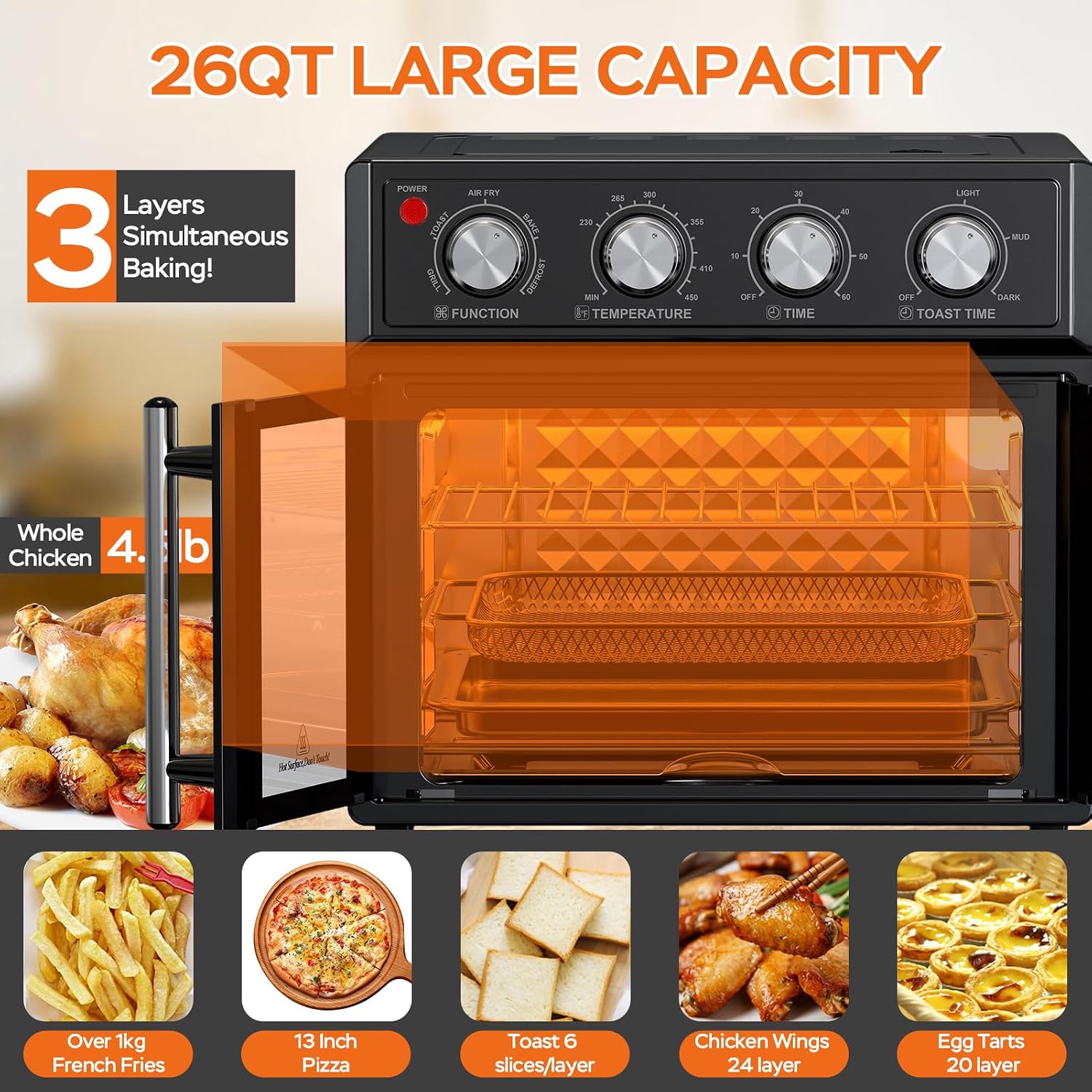 26QT Air Fryer Toaster Oven Combo - French Doors & 7 Preset Menus, 1700W Stainless Steel Convection Countertop Oven for Bake, Roast, Grill, Toast, Dehydrate, Defrost, Easy to Clean (Black)