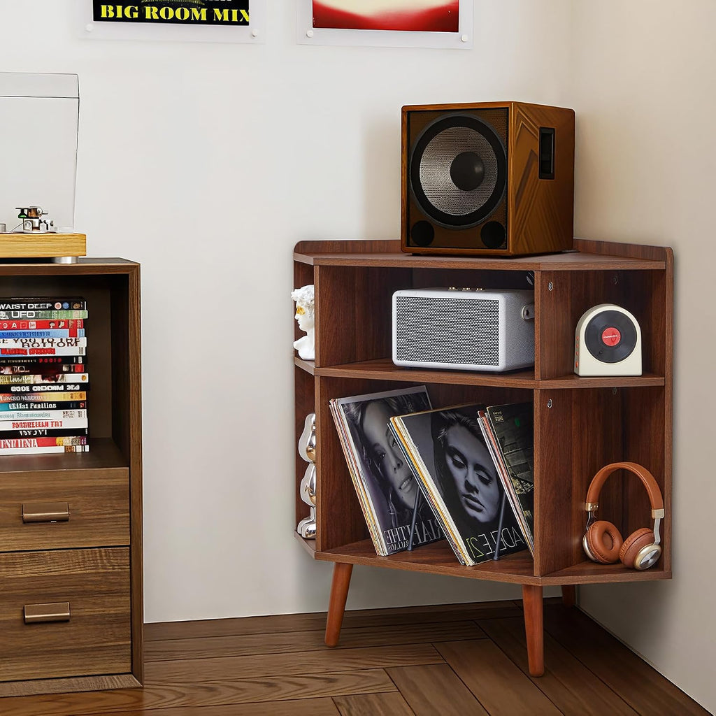 Corner Record Player Stand with Charging Station & USB Ports, 3 Tier Mid Century Modern Vinyl Record Storage Cabinet, Wood Turntable Stand for Music Room, Living Room, Small Space