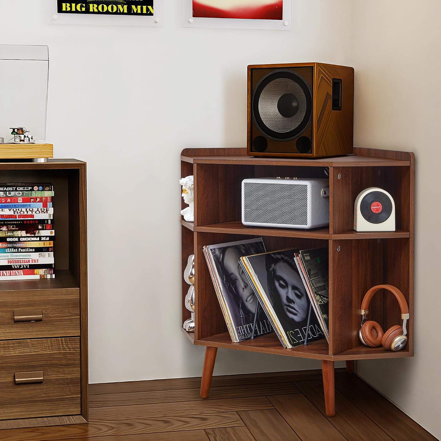 Corner Record Player Stand with Charging Station & USB Ports, 3 Tier Mid Century Modern Vinyl Record Storage Cabinet, Wood Turntable Stand for Music Room, Living Room, Small Space