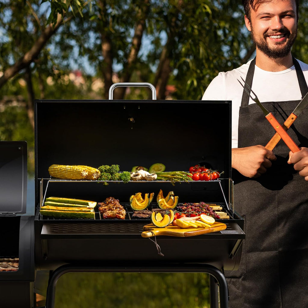 Royal Gourmet CC1830FC 28-Inch Barrel Charcoal Grill with Offset Smoker, 840 Sq. In. Cooking Area, Front Shelf, Charcoal Grill for Outdoor Grilling and Backyard Cooking, Black
