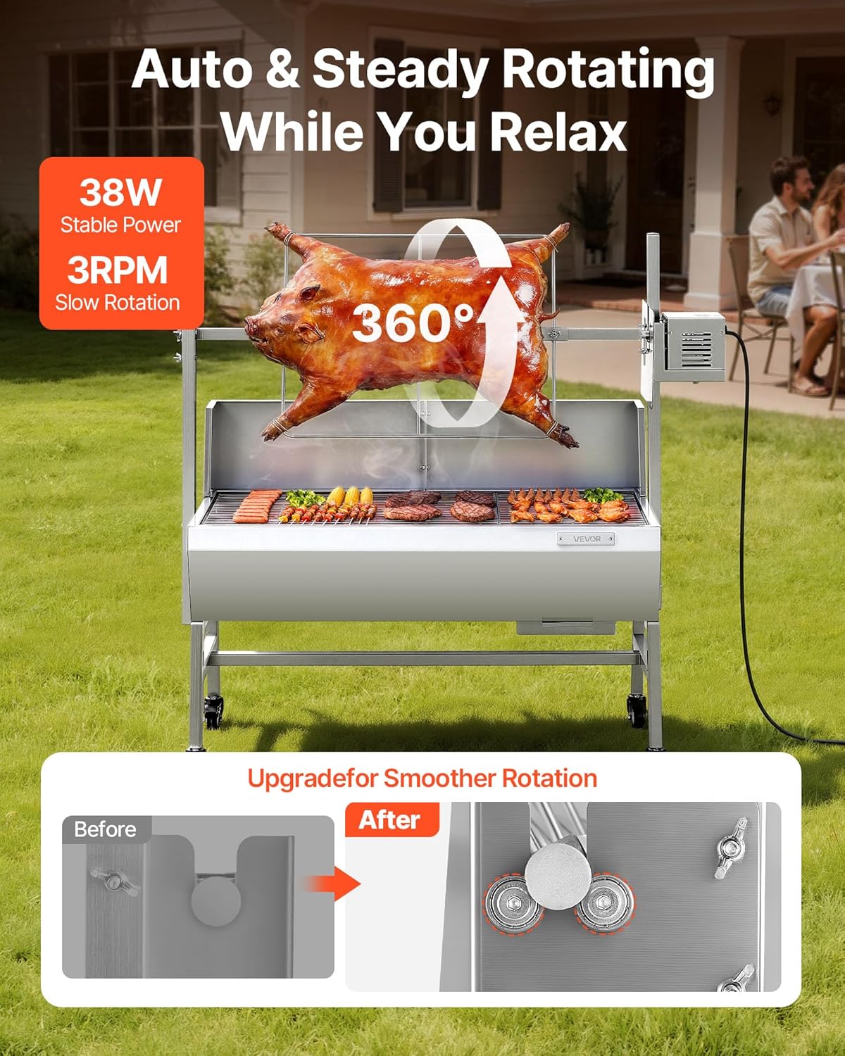 VEVOR Rotisserie Grill, 37in BBQ Outdoor Pig & Lamb Spit Roaster, Charcoal Spit Roaster with 132 LBS Load Capacity & 7-Level Height, Stainless Steel Electric Rotisserie Grill Kit for Camping Outdoor
