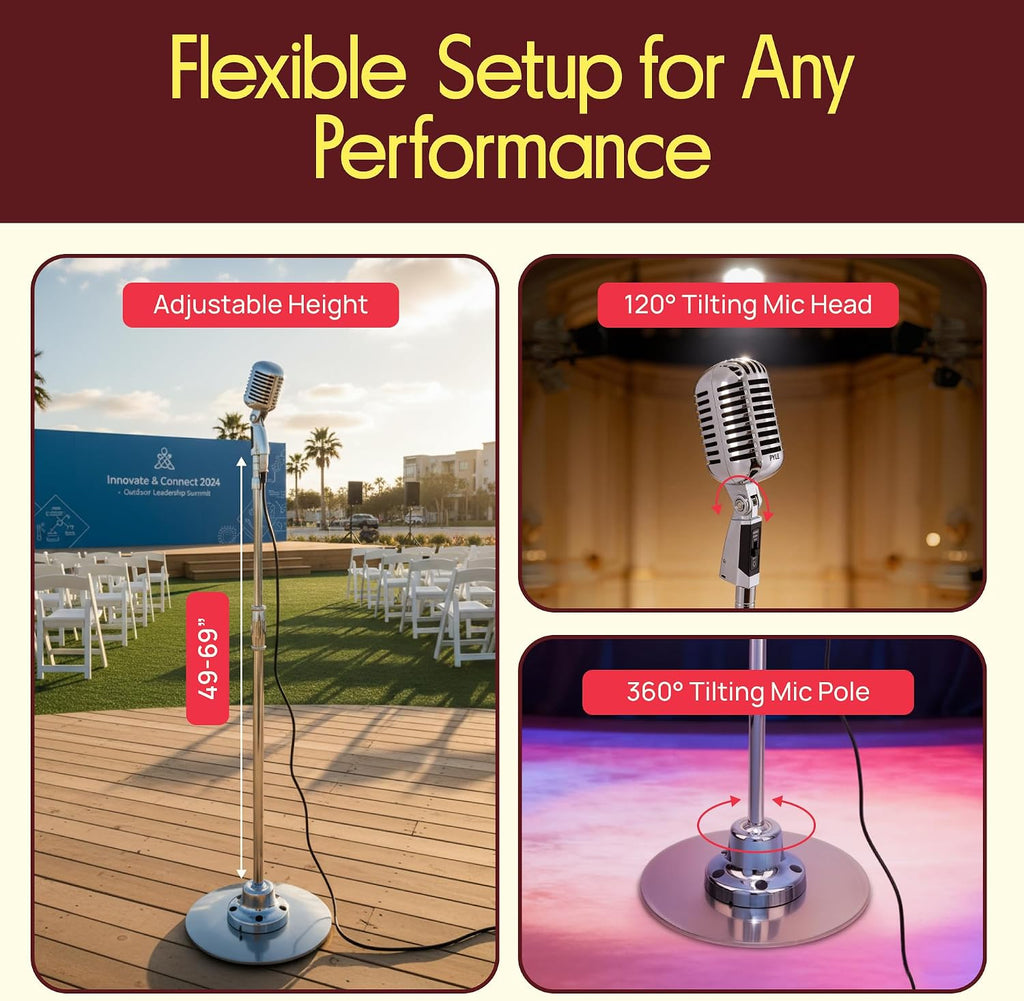Pyle Retro Microphone, Classic Vintage Style, Unidirectional Audio, Adjustable Stand, XLR Cable, Silver Finish, Dynamic Vocal Performance Mic with 49-69' Swing Stand and Detachable Microphone