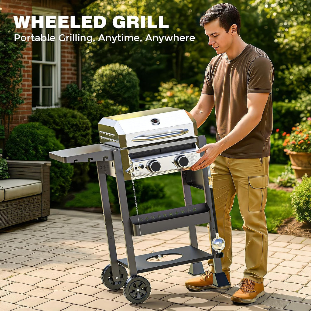 COWSAR 2-Burner Propane Gas Grill with Folding Side Tables,Stainless Steel 16,000 BTU BBQ Grill,Outdoor Grill for Barbecue,Patio,Camping