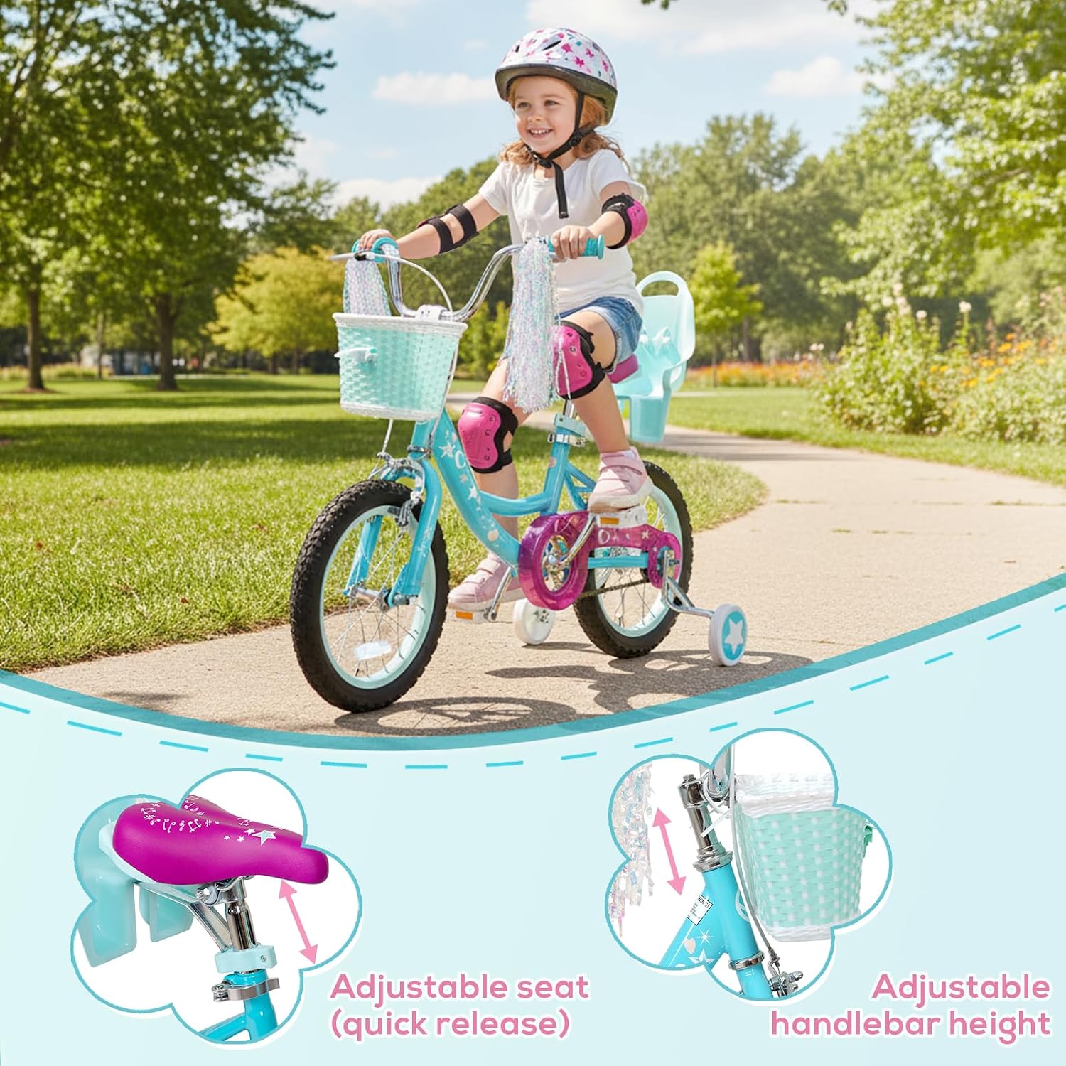 WEIZE Girls Bike for 3-12 Years Old Kids, 14 16 20 Inch Kids Bike with Training Wheels, Streamers, Basket and Doll Seat, Children Bicycles with Coaster Brake, Multiple Colors