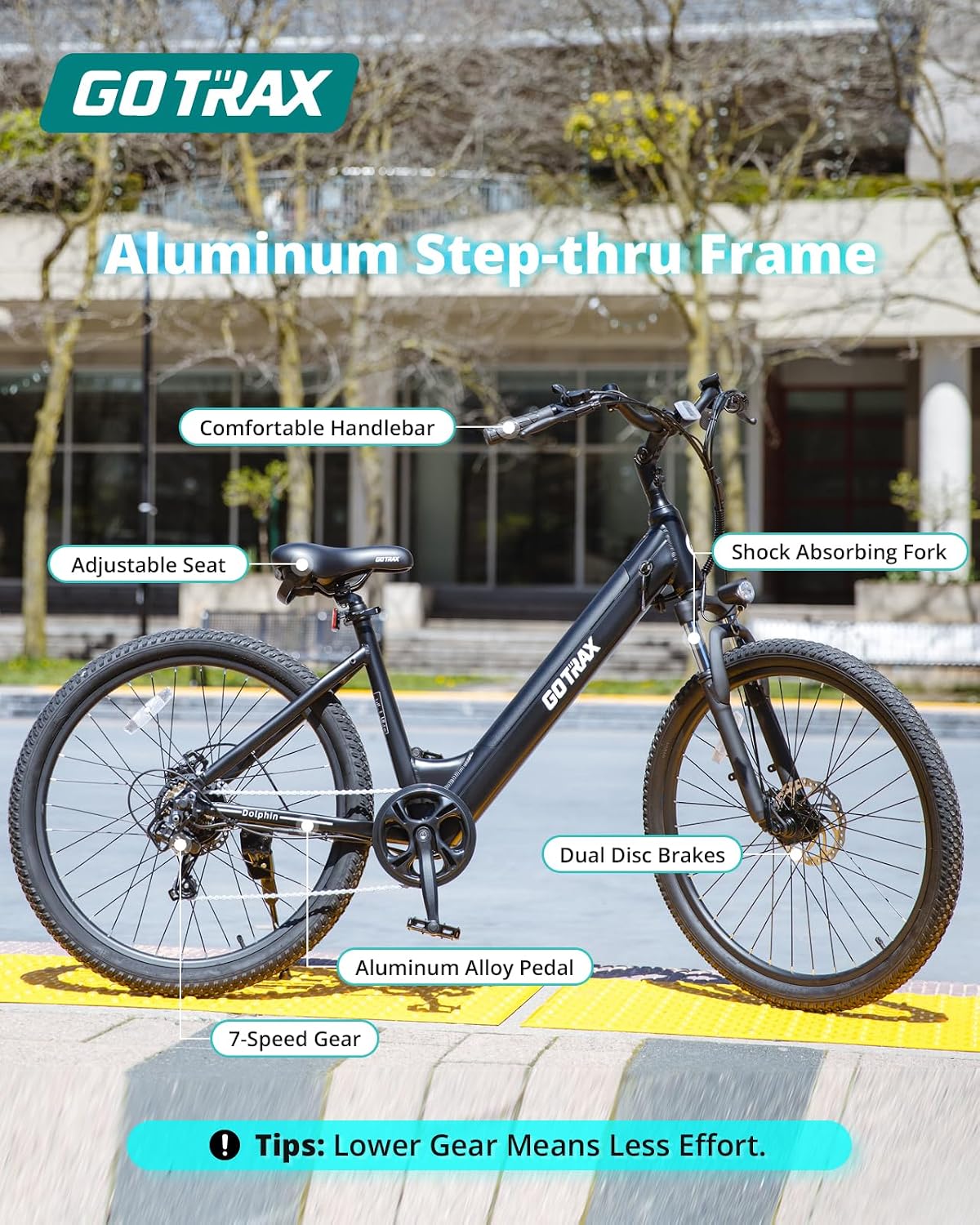 Gotrax Dolphin 26' Electric Bike, Max Range 30Miles(Pedal-assist1) & 20Mph Power by Peak 500W, 5 Pedal-Assist Levels & Front Suspension, 7-Speed&Boost Mode, City E-Bike for Adult, Step-Thru Bicycle