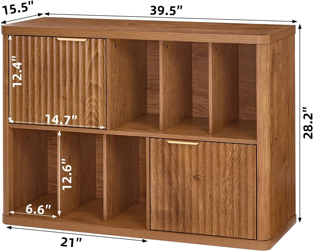 LEYAOYAO Large Record Player Stand with Vinyl Storage Up to 450 Albums, Wood Fluted Boho Record Storage Accent Cabinet, Modern Stereo Media Cabinets, Wide Turntable Stand for Living Room, Tea Brown