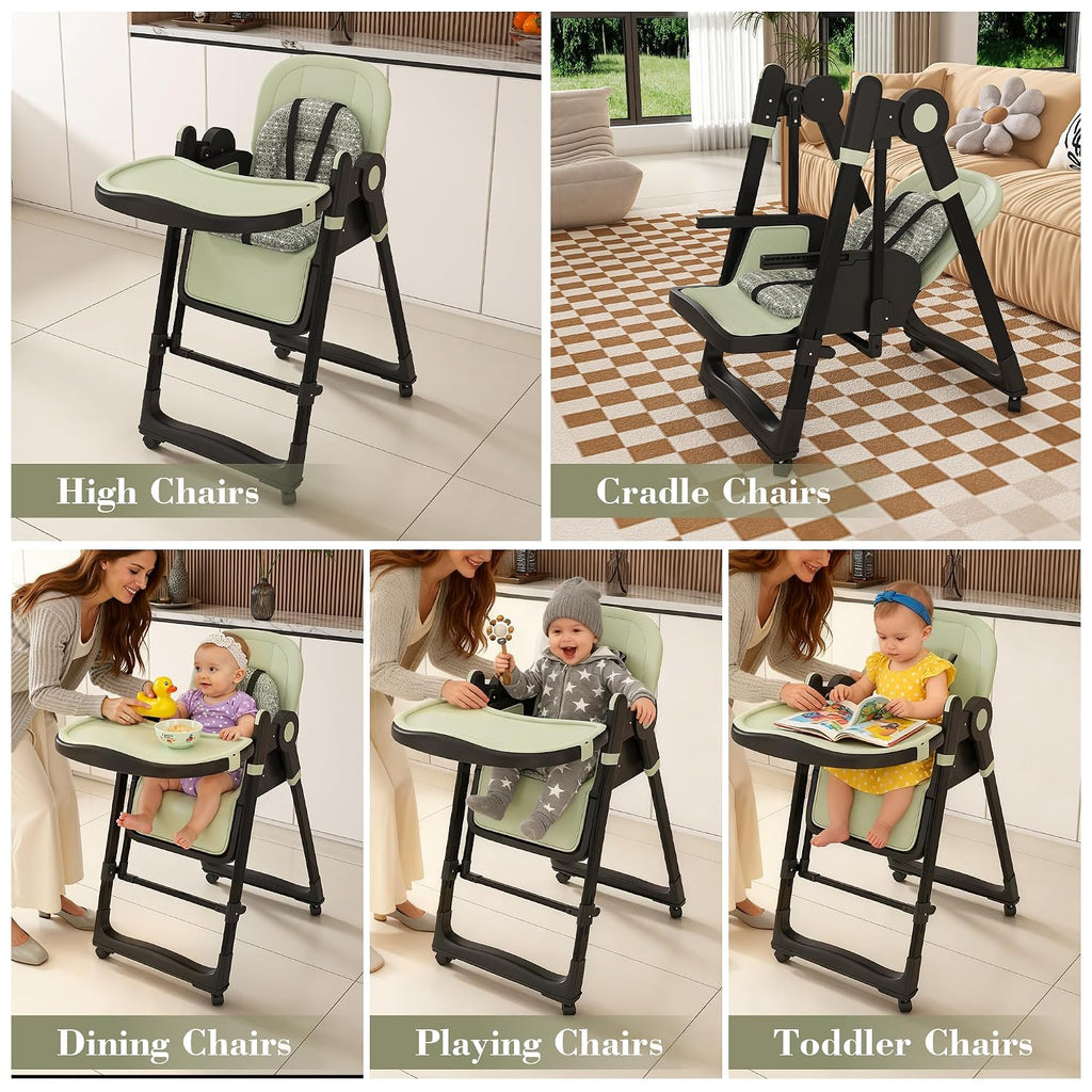 Baby High Chair Convertible to Rocker with 5-Point Harness Belt, Foldable Infant Feeding Seat with Silent Locking Wheels & Removable 2-Tier Easy-Clean Tray for 6 Months - 4 Years (Green)